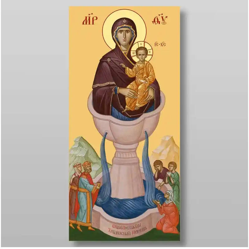 Εικόνα Ορθοδοξίας με περίγραμμα χρυσό σε ξύλο Φλαμουρίας  με  βάση Εικόνα της Θεοτόκου Ζωοδόχου Πηγής Χειροποίητη Ελληνορθόδοξη , Κρεμαστή πλάκα βυζαντινής τέχνης, χριστιανική τέχνη Διάσταση 15x11 cm (5,9 x 4,3 ίντσες) INTRAEK-21272