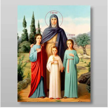 Εικόνα Ορθοδοξίας με περίγραμμα χρυσό σε ξύλο Φλαμουρίας με βάση Πίστη, Ελπίδα, Αγάπη και η μητέρα τους Σοφία, Αγιομάρτυρες, Χειροποίητη Ελληνορθόδοξη , Κρεμαστή πλάκα βυζαντινής τέχνης, χριστιανική τέχνη Διάσταση 10x7 cm (3,9 x 2,8 ίντσες) INTRAEK-71261 - Image 1