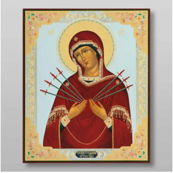 Εικόνα Ορθοδοξίας με περίγραμμα χρυσό σε ξύλο Φλαμουρίας  με  βάση Επτά Βέλη Εικόνα της Μητέρας του Θεού Χειροποίητη Ελληνορθόδοξη , Κρεμαστή πλάκα βυζαντινής τέχνης, χριστιανική τέχνη Διάσταση 15x11 cm (5,9 x 4,3 ίντσες) INTRAEK-21246 - Image 1