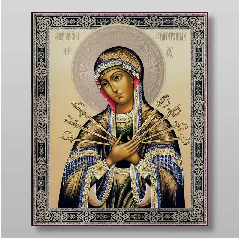 Εικόνα Ορθοδοξίας με περίγραμμα χρυσό σε ξύλο Φλαμουρίας  με  βάση Επτά Βέλη Εικόνα της Μητέρας του Θεού Χειροποίητη Ελληνορθόδοξη , Κρεμαστή πλάκα βυζαντινής τέχνης, χριστιανική τέχνη Διάσταση 10x7 cm (3,9 x 2,8 ίντσες) INTRAEK-71245