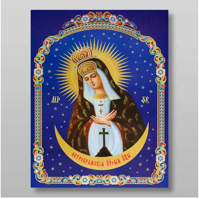 Εικόνα Ορθοδοξίας με περίγραμμα χρυσό σε ξύλο Φλαμουρίας  με  βάση Ostra Brama Εικόνα της Μητέρας του Θεού Χειροποίητη Ελληνορθόδοξη , Κρεμαστή πλάκα βυζαντινής τέχνης, χριστιανική τέχνη Διάσταση 10x7 cm (3,9 x 2,8 ίντσες) INTRAEK-71240