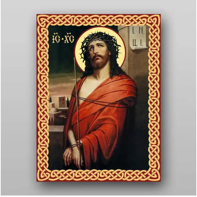 Εικόνα Ορθοδοξίας με περίγραμμα χρυσό σε ξύλο Φλαμουρίας  με  βάση Ο Ιησούς Χριστός στο αγκάθινο στεφάνι - Χειροποίητη Ελληνορθόδοξη , Κρεμαστή πλάκα βυζαντινής τέχνης, χριστιανική τέχνη Διάσταση 10x7 cm (3,9 x 2,8 ίντσες) INTRAEK-71225