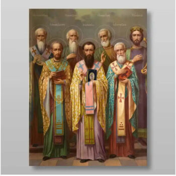 Εικόνα Ορθοδοξίας με περίγραμμα χρυσό σε ξύλο Φλαμουρίας  με  βάση Τρεις Άγιοι και άλλοι, Χειροποίητη Ελληνορθόδοξη , Κρεμαστή πλάκα βυζαντινής τέχνης, χριστιανική τέχνη Διάσταση 10x7 cm (3,9 x 2,8 ίντσες) INTRAEK-71209 - Image 1