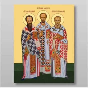 Εικόνα Ορθοδοξίας με περίγραμμα χρυσό σε ξύλο Φλαμουρίας  με  βάση Τρεις Άγιοι, Χειροποίητη Ελληνορθόδοξη , Κρεμαστή πλάκα βυζαντινής τέχνης, χριστιανική τέχνη Διάσταση 15x11 cm (5,9 x 4,3 ίντσες) INTRAEK-21207 - Image 1