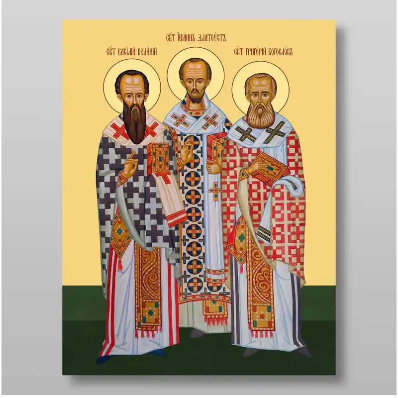 Εικόνα Ορθοδοξίας με περίγραμμα χρυσό σε ξύλο Φλαμουρίας  με  βάση Τρεις Άγιοι, Χειροποίητη Ελληνορθόδοξη , Κρεμαστή πλάκα βυζαντινής τέχνης, χριστιανική τέχνη Διάσταση 10x7 cm (3,9 x 2,8 ίντσες) INTRAEK-71207