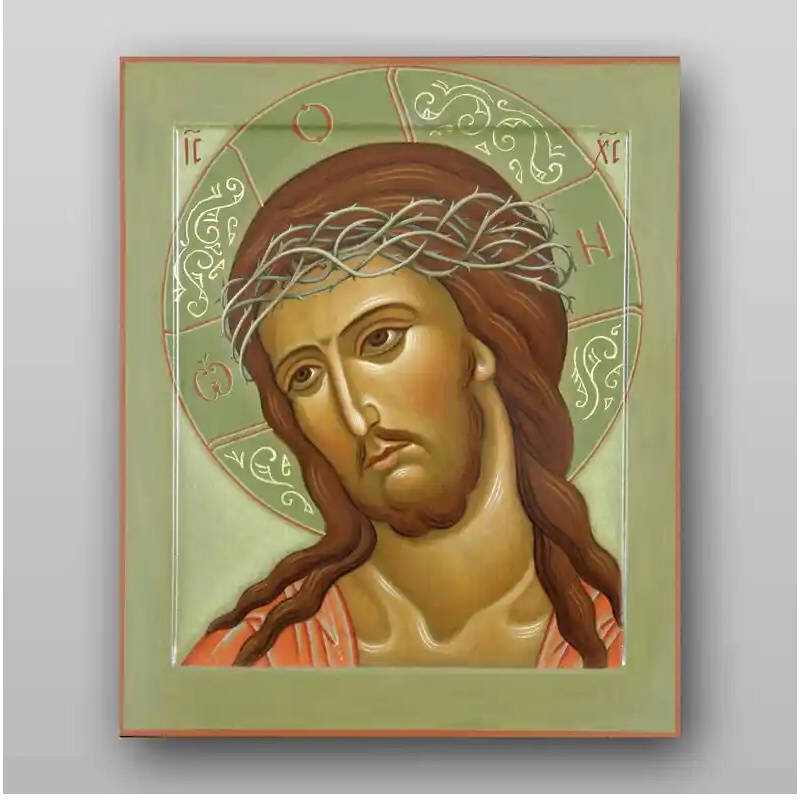 Εικόνα Ορθοδοξίας με περίγραμμα χρυσό σε ξύλο Φλαμουρίας  με  βάση Ο Ιησούς Χριστός σε ένα αγκάθινο στεφάνι κατεβάστε το ψηφιακό Χειροποίητη Ελληνορθόδοξη , Κρεμαστή πλάκα βυζαντινής τέχνης, χριστιανική τέχνη Διάσταση 15x11 cm (5,9 x 4,3 ίντσες) INTRAEK-21185