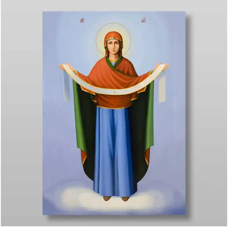 Εικόνα Ορθοδοξίας με περίγραμμα χρυσό σε ξύλο Φλαμουρίας  με  βάση Pokrov Εικόνα της Μητέρας του Θεού Χειροποίητη Ελληνορθόδοξη , Κρεμαστή πλάκα βυζαντινής τέχνης, χριστιανική τέχνη Διάσταση 15x11 cm (5,9 x 4,3 ίντσες) INTRAEK-21179