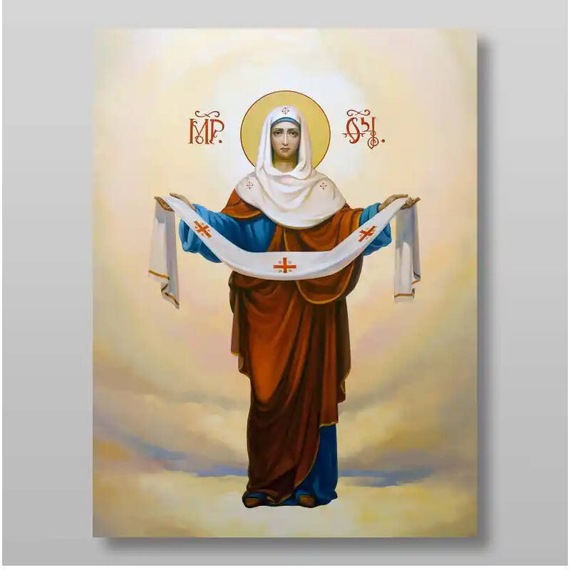 Εικόνα Ορθοδοξίας με περίγραμμα χρυσό σε ξύλο Φλαμουρίας  με  βάση Pokrov Εικόνα της Μητέρας του Θεού Χειροποίητη Ελληνορθόδοξη , Κρεμαστή πλάκα βυζαντινής τέχνης, χριστιανική τέχνη Διάσταση 15x11 cm (5,9 x 4,3 ίντσες) INTRAEK-21178