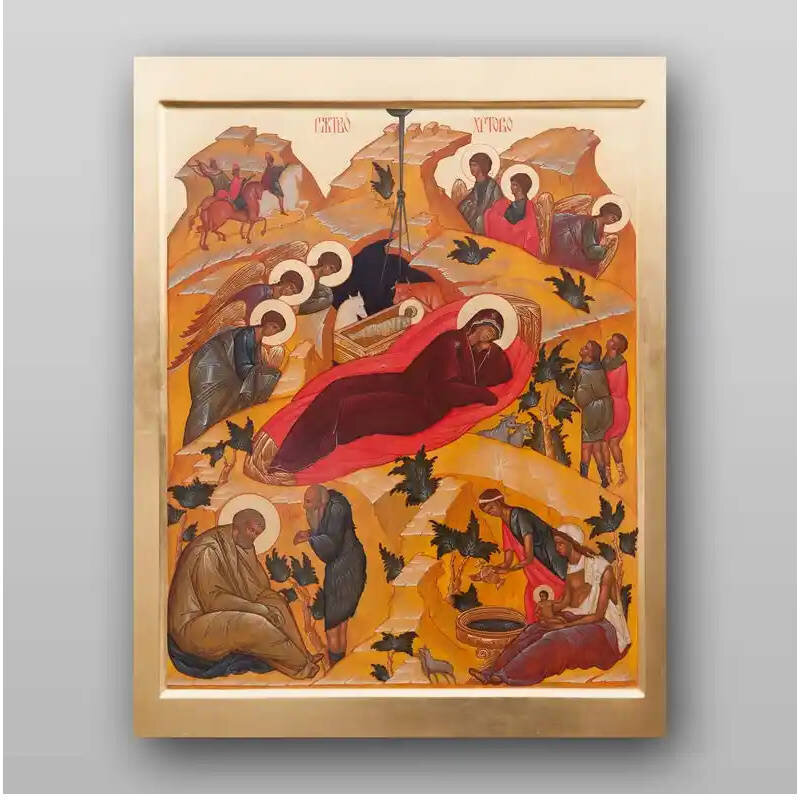 Εικόνα Ορθοδοξίας με περίγραμμα χρυσό σε ξύλο Φλαμουρίας  με  βάση Εικόνα της Γέννησης του Χριστού - Χειροποίητη Ελληνορθόδοξη , Κρεμαστή πλάκα βυζαντινής τέχνης, χριστιανική τέχνη Διάσταση 15x11 cm (5,9 x 4,3 ίντσες) INTRAEK-21158