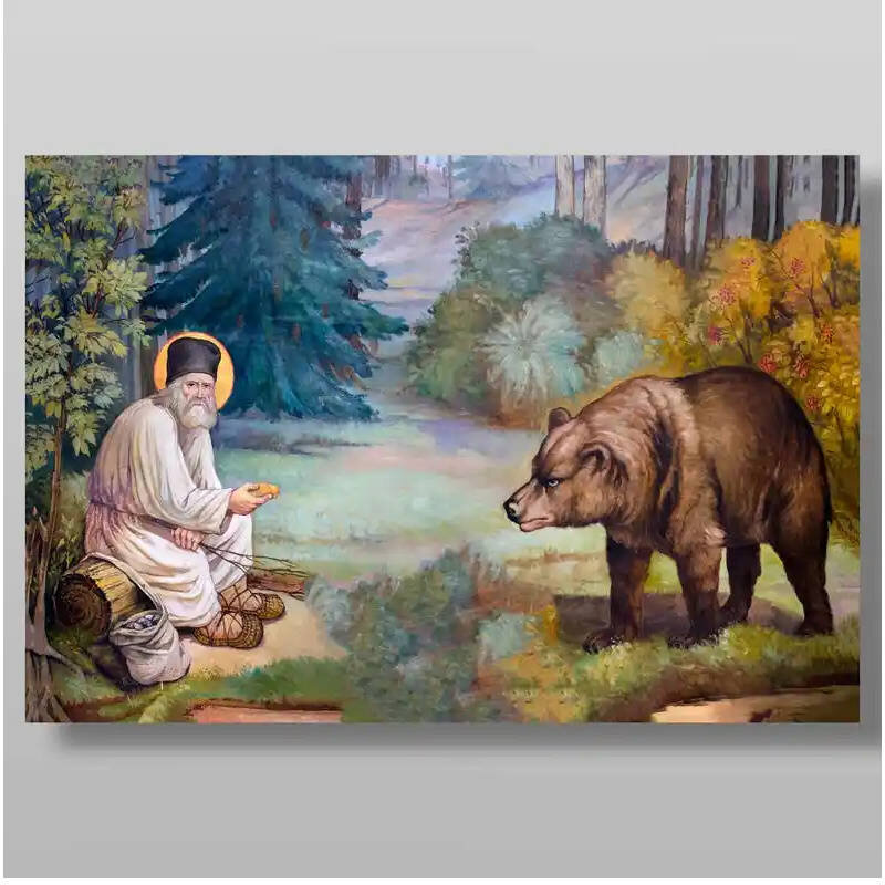 Εικόνα Ορθοδοξίας με περίγραμμα χρυσό σε ξύλο Φλαμουρίας  με  βάση Ο Σεραφείμ και η αρκούδα Χειροποίητη Ελληνορθόδοξη , Κρεμαστή πλάκα βυζαντινής τέχνης, χριστιανική τέχνη Διάσταση 15x11 cm (5,9 x 4,3 ίντσες) INTRAEK-21155