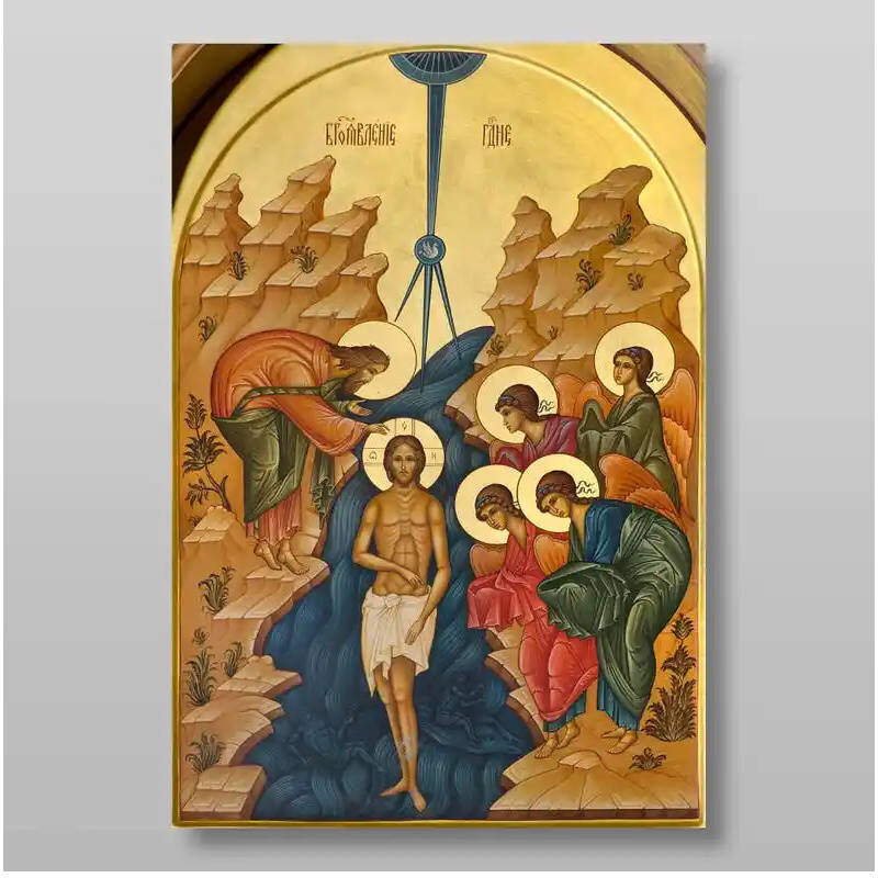 Εικόνα Ορθοδοξίας με περίγραμμα χρυσό σε ξύλο Φλαμουρίας  με  βάση Η Βάπτιση του Ιησού Χριστού στον Ιορδάνη ποταμό, Χειροποίητη Ελληνορθόδοξη , Κρεμαστή πλάκα βυζαντινής τέχνης, χριστιανική τέχνη Διάσταση 10x7 cm (3,9 x 2,8 ίντσες) INTRAEK-71147