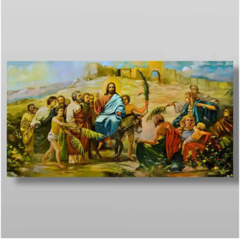 Εικόνα Ορθοδοξίας με περίγραμμα χρυσό σε ξύλο Φλαμουρίας  με  βάση Είσοδος του Κυρίου στην Ιερουσαλήμ, Χειροποίητη Ελληνορθόδοξη , Κρεμαστή πλάκα βυζαντινής τέχνης, χριστιανική τέχνη Διάσταση 15x11 cm (5,9 x 4,3 ίντσες) INTRAEK-21129 - Image 1