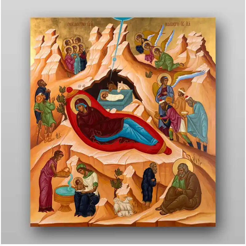 Εικόνα Ορθοδοξίας με περίγραμμα χρυσό σε ξύλο Φλαμουρίας  με  βάση Εικόνα της Γέννησης του Χριστού - Χειροποίητη Ελληνορθόδοξη , Κρεμαστή πλάκα βυζαντινής τέχνης, χριστιανική τέχνη Διάσταση 10x7 cm (3,9 x 2,8 ίντσες) INTRAEK-71122