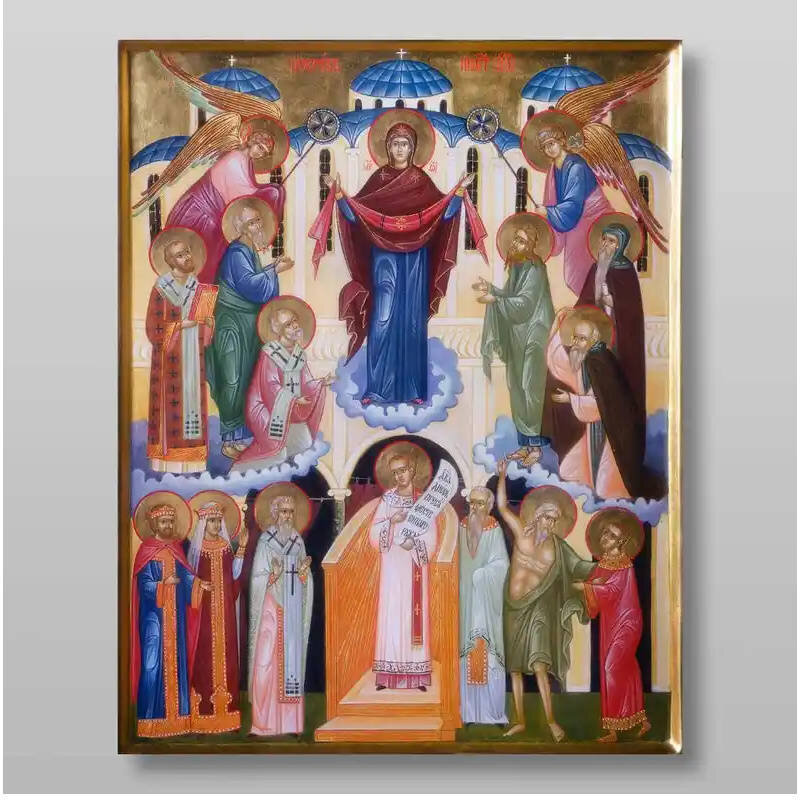 Εικόνα Ορθοδοξίας με περίγραμμα χρυσό σε ξύλο Φλαμουρίας  με  βάση Pokrov Εικόνα της Μητέρας του Θεού Χειροποίητη Ελληνορθόδοξη , Κρεμαστή πλάκα βυζαντινής τέχνης, χριστιανική τέχνη Διάσταση 15x11 cm (5,9 x 4,3 ίντσες) INTRAEK-21117