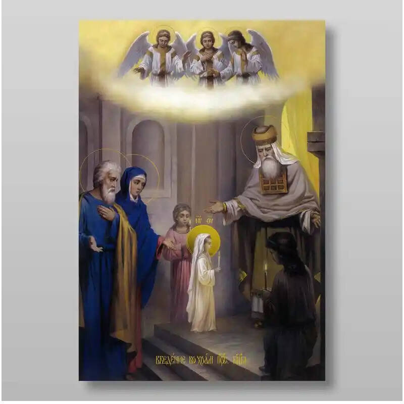 Εικόνα Ορθοδοξίας με περίγραμμα χρυσό σε ξύλο Φλαμουρίας  με  βάση Εισαγωγή της Θεοτόκου στο Ναό, Χειροποίητη Ελληνορθόδοξη , Κρεμαστή πλάκα βυζαντινής τέχνης, χριστιανική τέχνη Διάσταση 15x11 cm (5,9 x 4,3 ίντσες) INTRAEK-21102