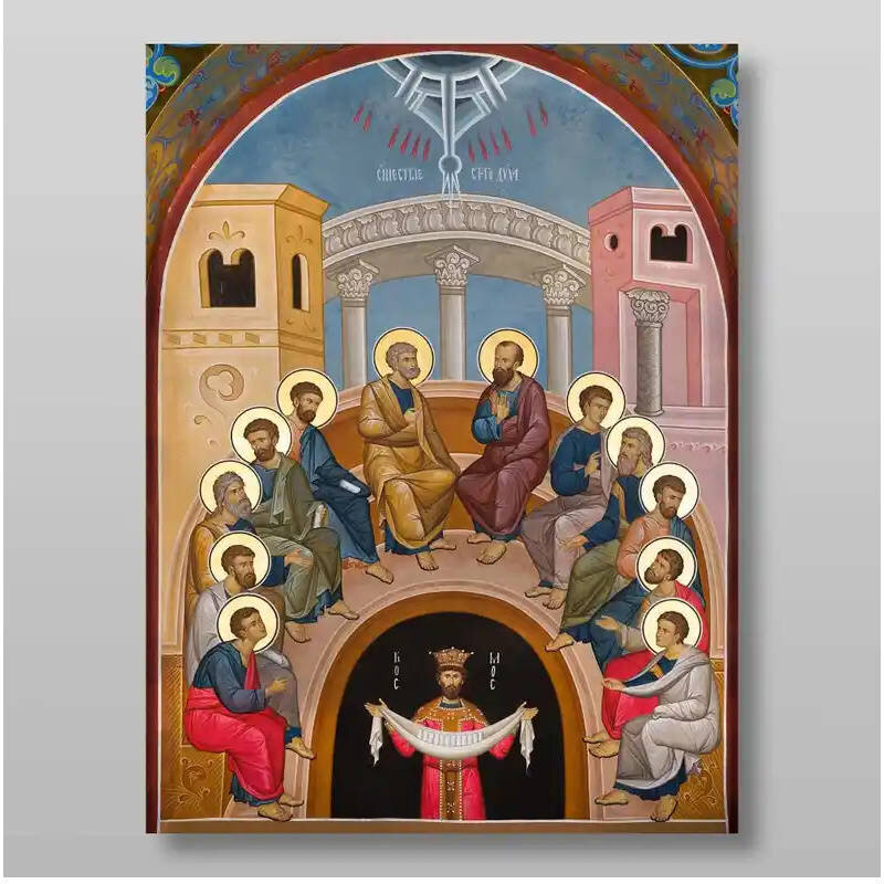 Εικόνα Ορθοδοξίας με περίγραμμα χρυσό σε ξύλο Φλαμουρίας  με  βάση Κάθοδος του Αγίου Πνεύματος της Πεντηκοστής Χειροποίητη Ελληνορθόδοξη , Κρεμαστή πλάκα βυζαντινής τέχνης, χριστιανική τέχνη Διάσταση 10x7 cm (3,9 x 2,8 ίντσες) INTRAEK-71078