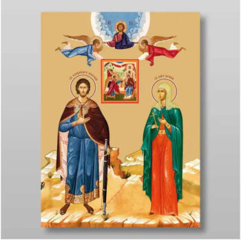 Εικόνα Ορθοδοξίας με περίγραμμα χρυσό σε ξύλο Φλαμουρίας  με  βάση Ο Alexander Nevsky και η Irina Χειροποίητη Ελληνορθόδοξη , Κρεμαστή πλάκα βυζαντινής τέχνης, χριστιανική τέχνη Διάσταση 15x11 cm (5,9 x 4,3 ίντσες) INTRAEK-21070 - Image 1