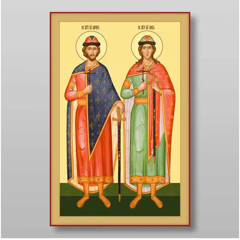 Εικόνα Ορθοδοξίας με περίγραμμα χρυσό σε ξύλο Φλαμουρίας  με  βάση Boris and Gleb άγιος ευγενής πρίγκιπας μάρτυρες Χειροποίητη Ελληνορθόδοξη , Κρεμαστή πλάκα βυζαντινής τέχνης, χριστιανική τέχνη Διάσταση 15x11 cm (5,9 x 4,3 ίντσες) INTRAEK-21052