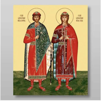 Εικόνα Ορθοδοξίας με περίγραμμα χρυσό σε ξύλο Φλαμουρίας  με  βάση Boris and Gleb άγιος ευγενής πρίγκιπας μάρτυρες Χειροποίητη Ελληνορθόδοξη , Κρεμαστή πλάκα βυζαντινής τέχνης, χριστιανική τέχνη Διάσταση 10x7 cm (3,9 x 2,8 ίντσες) INTRAEK-71051 - Image 1