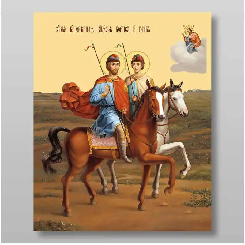 Εικόνα Ορθοδοξίας με περίγραμμα χρυσό σε ξύλο Φλαμουρίας  με  βάση Boris and Gleb άγιος ευγενής πρίγκιπας μάρτυρες Χειροποίητη Ελληνορθόδοξη , Κρεμαστή πλάκα βυζαντινής τέχνης, χριστιανική τέχνη Διάσταση 15x11 cm (5,9 x 4,3 ίντσες) INTRAEK-21050