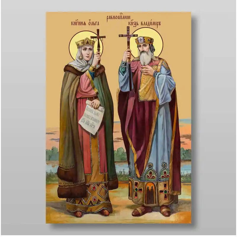 Εικόνα Ορθοδοξίας με περίγραμμα χρυσό σε ξύλο Φλαμουρίας  με  βάση Οι άγιοι Βλαντιμίρ και Όλγα Χειροποίητη Ελληνορθόδοξη , Κρεμαστή πλάκα βυζαντινής τέχνης, χριστιανική τέχνη Διάσταση 10x7 cm (3,9 x 2,8 ίντσες) INTRAEK-71034