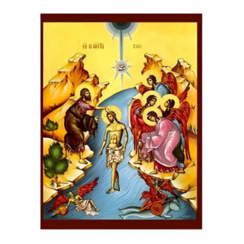 Εικόνα Ορθοδοξίας με περίγραμμα χρυσό σε ξύλο Φλαμουρίας  με  βάση Εικόνα Βάπτιση του Χριστού Χειροποίητη Ελληνορθόδοξη , Κρεμαστή πλάκα βυζαντινής τέχνης, χριστιανική τέχνη Διάσταση 10x7 cm (3,9 x 2,8 ίντσες) INTRAEK-670829 - Image 1