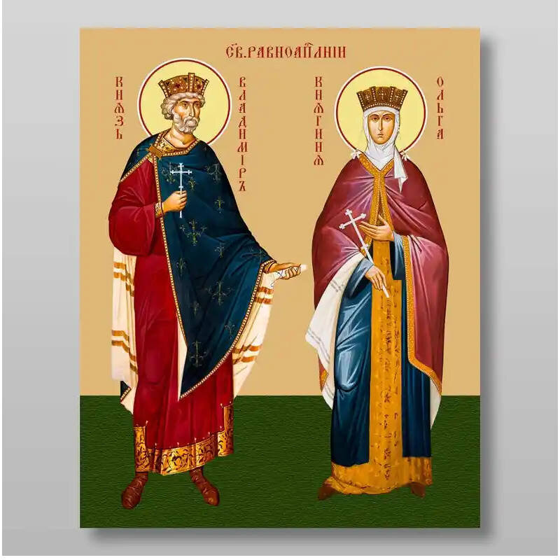 Εικόνα Ορθοδοξίας με περίγραμμα χρυσό σε ξύλο Φλαμουρίας  με  βάση Οι άγιοι Βλαντιμίρ και Όλγα Χειροποίητη Ελληνορθόδοξη , Κρεμαστή πλάκα βυζαντινής τέχνης, χριστιανική τέχνη Διάσταση 10x7 cm (3,9 x 2,8 ίντσες) INTRAEK-71033