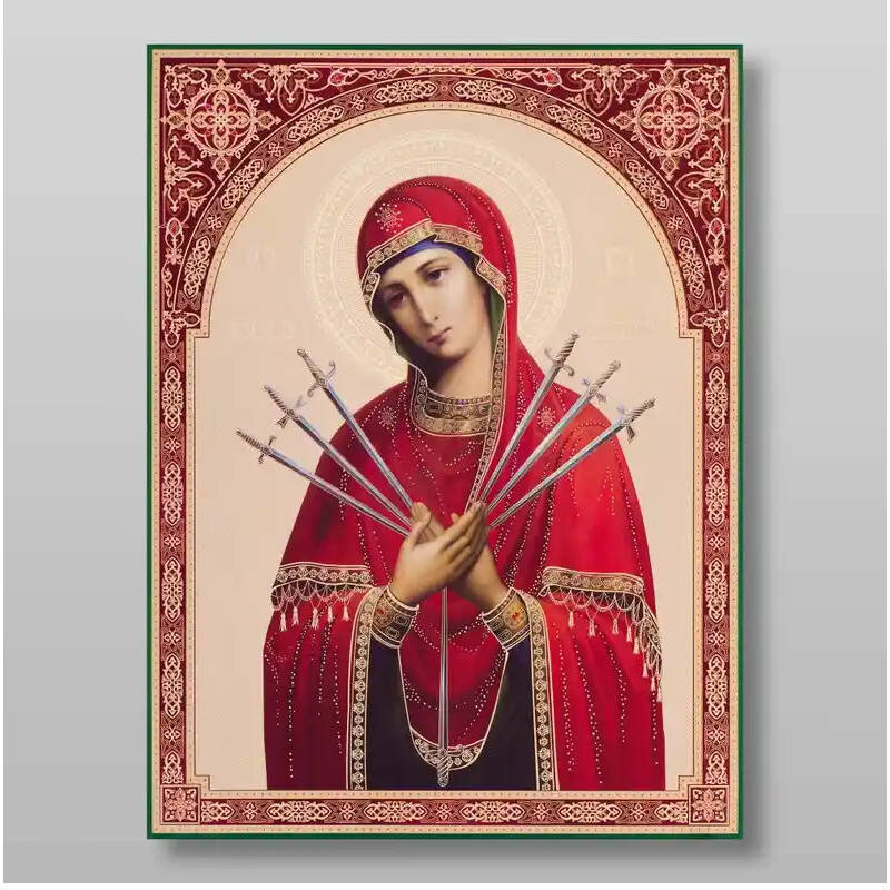 Εικόνα Ορθοδοξίας με περίγραμμα χρυσό σε ξύλο Φλαμουρίας  με  βάση Επτά Βέλη Εικόνα της Μητέρας του Θεού Χειροποίητη Ελληνορθόδοξη , Κρεμαστή πλάκα βυζαντινής τέχνης, χριστιανική τέχνη Διάσταση 10x7 cm (3,9 x 2,8 ίντσες) INTRAEK-71012