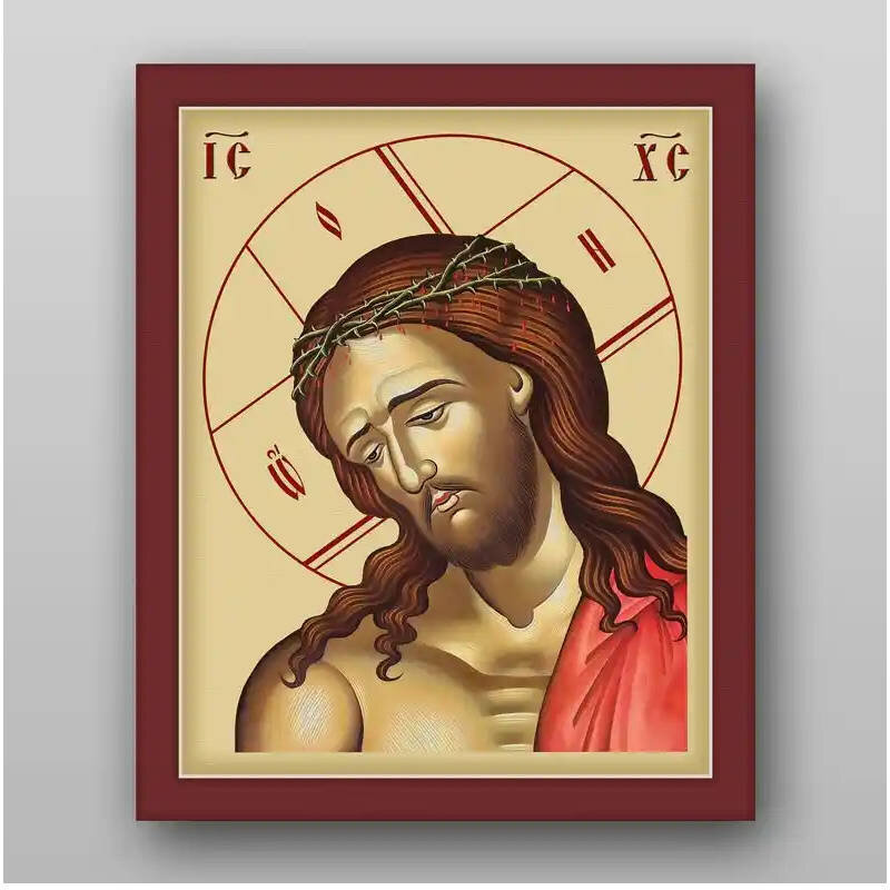 Εικόνα Ορθοδοξίας με περίγραμμα χρυσό σε ξύλο Φλαμουρίας  με  βάση Ο Ιησούς Χριστός στο αγκάθινο στεφάνι - Χειροποίητη Ελληνορθόδοξη , Κρεμαστή πλάκα βυζαντινής τέχνης, χριστιανική τέχνη Διάσταση 10x7 cm (3,9 x 2,8 ίντσες) INTRAEK-7984