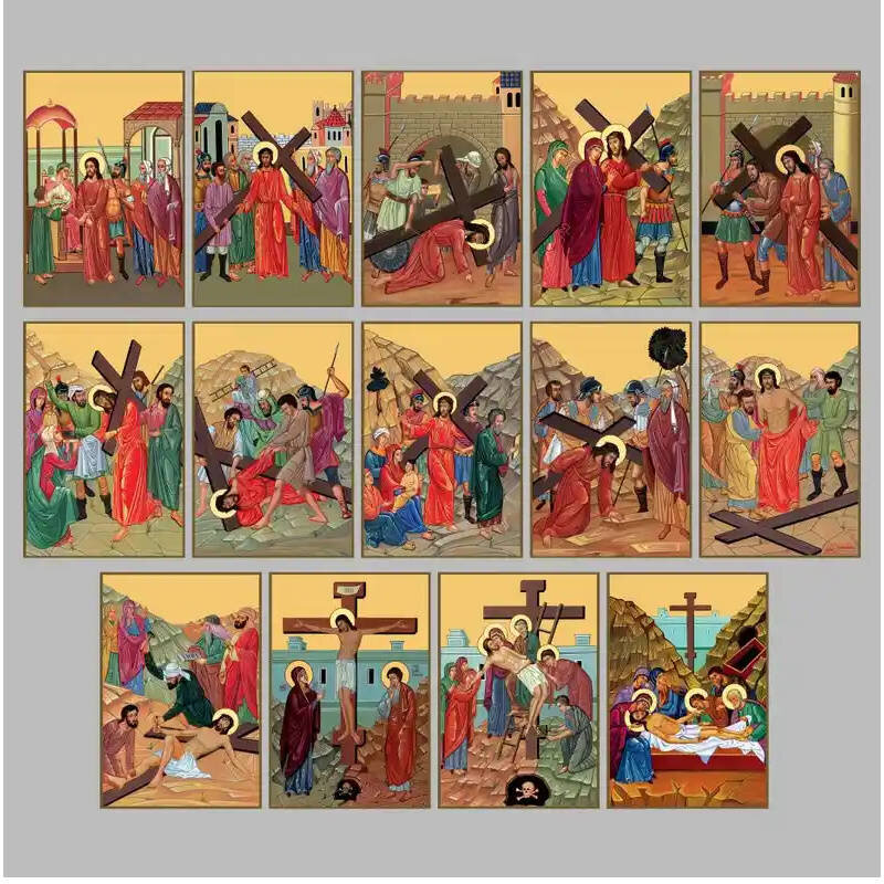 Εικόνα Ορθοδοξίας με περίγραμμα χρυσό σε ξύλο Φλαμουρίας  με  βάση Way of the Cross of Jesus Christ (σετ 14 εικονιδίων) Χειροποίητη Ελληνορθόδοξη , Κρεμαστή πλάκα βυζαντινής τέχνης, χριστιανική τέχνη Διάσταση 10x7 cm (3,9 x 2,8 ίντσες) INTRAEK-7973