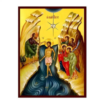 Εικόνα Ορθοδοξίας με περίγραμμα χρυσό σε ξύλο Φλαμουρίας  με  βάση Εικόνα Βάπτιση του Χριστού Χειροποίητη Ελληνορθόδοξη , Κρεμαστή πλάκα βυζαντινής τέχνης, χριστιανική τέχνη Διάσταση 10x7 cm (3,9 x 2,8 ίντσες) INTRAEK-670828 - Image 1