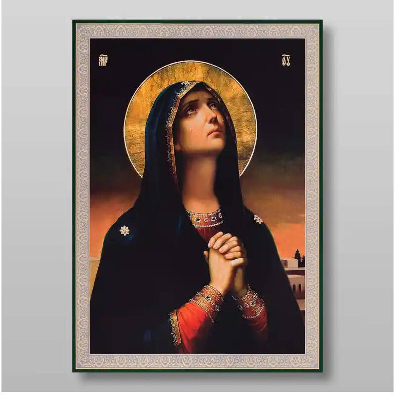 Εικόνα Ορθοδοξίας με περίγραμμα χρυσό σε ξύλο Φλαμουρίας  με  βάση Η Παναγία των Κλαίνων Χειροποίητη Ελληνορθόδοξη , Κρεμαστή πλάκα βυζαντινής τέχνης, χριστιανική τέχνη Διάσταση 15x11 cm (5,9 x 4,3 ίντσες) INTRAEK-2940