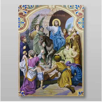 Εικόνα Ορθοδοξίας με περίγραμμα χρυσό σε ξύλο Φλαμουρίας  με  βάση Η είσοδος του Κυρίου στην Ιερουσαλήμ Κυριακή των Βαΐων Χειροποίητη Ελληνορθόδοξη , Κρεμαστή πλάκα βυζαντινής τέχνης, χριστιανική τέχνη Διάσταση 15x11 cm (5,9 x 4,3 ίντσες) INTRAEK-2937 - Image 1