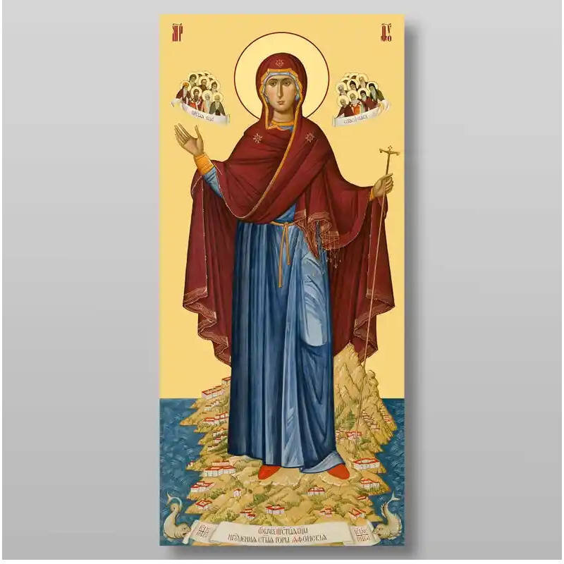 Εικόνα Ορθοδοξίας με περίγραμμα χρυσό σε ξύλο Φλαμουρίας  με  βάση Η Θεομητορική Προστάτιδα του Αγίου Όρους Χειροποίητη Ελληνορθόδοξη , Κρεμαστή πλάκα βυζαντινής τέχνης, χριστιανική τέχνη Διάσταση 10x7 cm (3,9 x 2,8 ίντσες) INTRAEK-7909