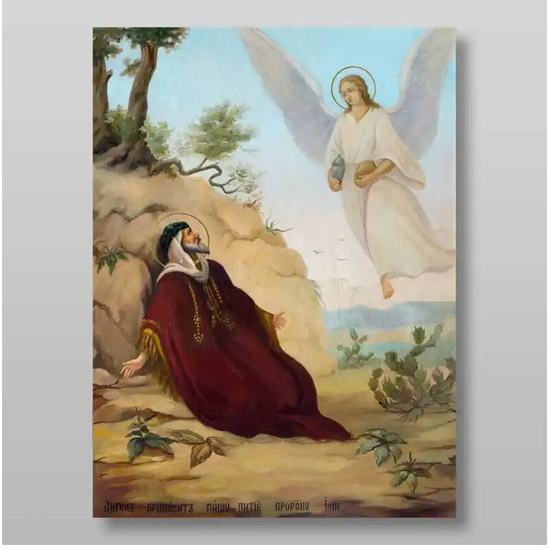 Εικόνα Ορθοδοξίας με περίγραμμα χρυσό σε ξύλο Φλαμουρίας  με  βάση Ένας άγγελος ταΐζει τον προφήτη Ηλία Χειροποίητη Ελληνορθόδοξη , Κρεμαστή πλάκα βυζαντινής τέχνης, χριστιανική τέχνη Διάσταση 10x7 cm (3,9 x 2,8 ίντσες) INTRAEK-7890