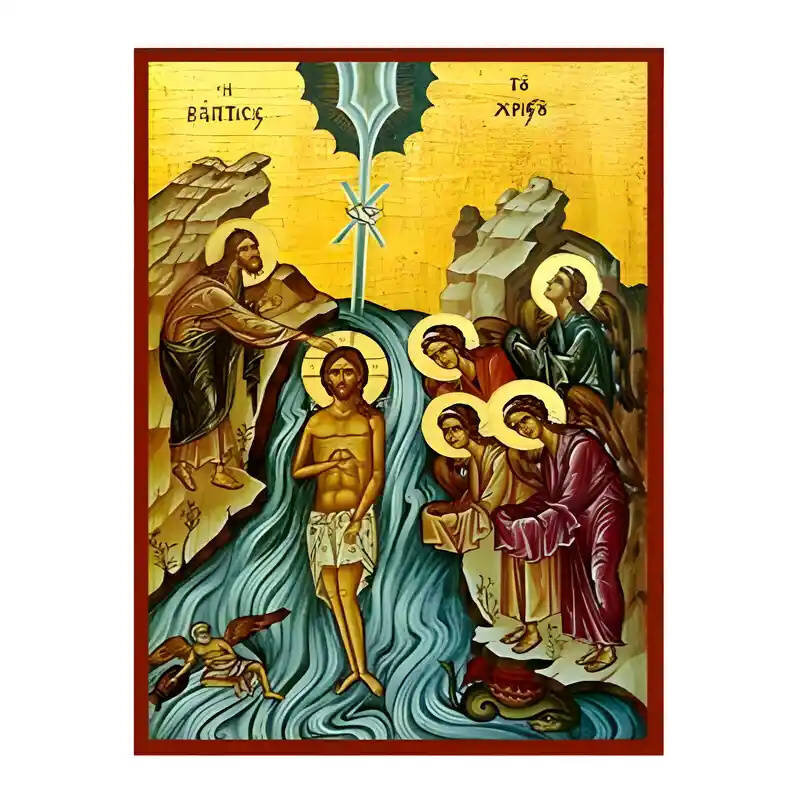 Εικόνα Ορθοδοξίας με περίγραμμα χρυσό σε ξύλο Φλαμουρίας  με  βάση Εικόνα Βάπτιση του Χριστού Χειροποίητη Ελληνορθόδοξη , Κρεμαστή πλάκα βυζαντινής τέχνης, χριστιανική τέχνη Διάσταση 10x7 cm (3,9 x 2,8 ίντσες) INTRAEK-671020