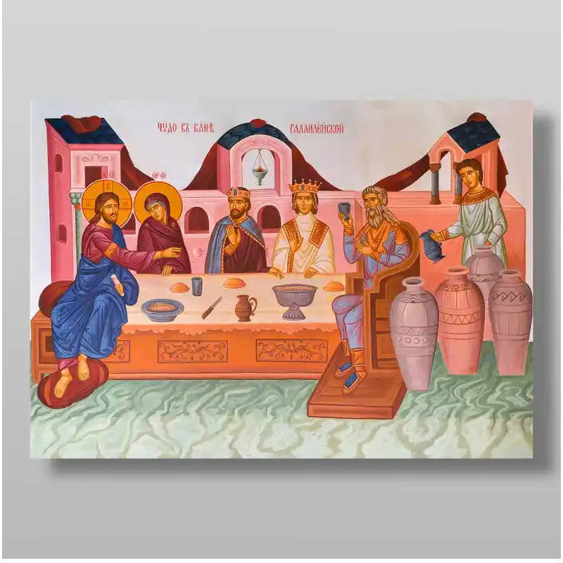 Εικόνα Ορθοδοξίας με περίγραμμα χρυσό σε ξύλο Φλαμουρίας  με  βάση Θαύμα στην Κανά της Γαλιλαίας Χειροποίητη Ελληνορθόδοξη , Κρεμαστή πλάκα βυζαντινής τέχνης, χριστιανική τέχνη Διάσταση 15x11 cm (5,9 x 4,3 ίντσες) INTRAEK-2865