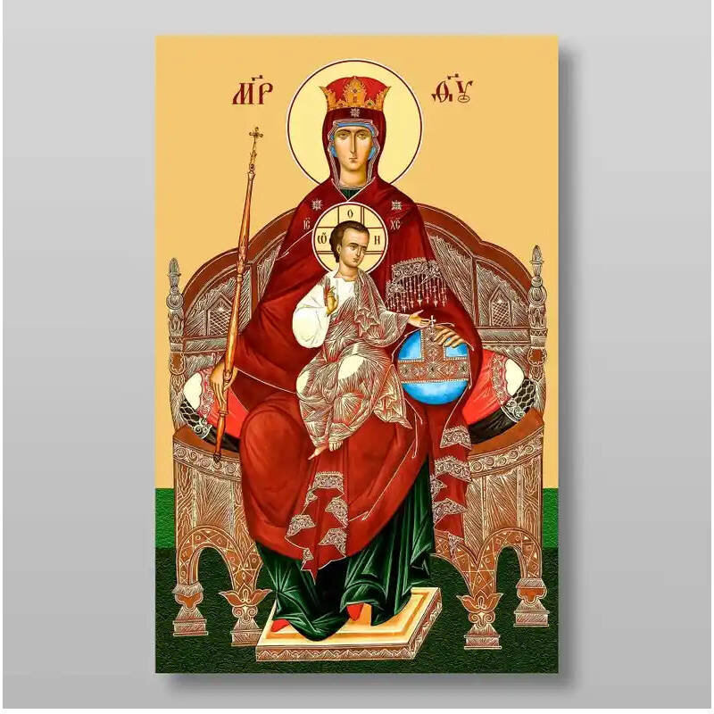 Εικόνα Ορθοδοξίας με περίγραμμα χρυσό σε ξύλο Φλαμουρίας  με  βάση Εικόνα της Θεοτόκου της βασιλεύουσας Χειροποίητη Ελληνορθόδοξη , Κρεμαστή πλάκα βυζαντινής τέχνης, χριστιανική τέχνη Διάσταση 10x7 cm (3,9 x 2,8 ίντσες) INTRAEK-7845