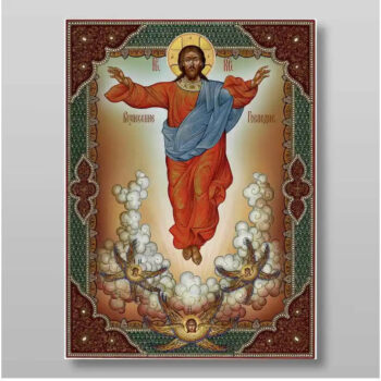 Εικόνα Ορθοδοξίας με περίγραμμα χρυσό σε ξύλο Φλαμουρίας με βάση Η Ανάληψη του Κυρίου μας Ιησού Χριστού, Χειροποίητη Ελληνορθόδοξη , Κρεμαστή πλάκα βυζαντινής τέχνης, χριστιανική τέχνη Διάσταση 15x11 cm (5,9 x 4,3 ίντσες) INTRAEK-2827 - Image 1