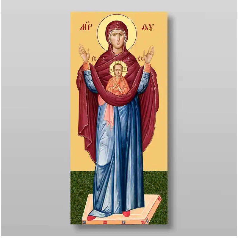 Εικόνα Ορθοδοξίας με περίγραμμα χρυσό σε ξύλο Φλαμουρίας  με  βάση Εικόνα της Μητέρας του Θεού, του Σημαδίου Χειροποίητη Ελληνορθόδοξη , Κρεμαστή πλάκα βυζαντινής τέχνης, χριστιανική τέχνη Διάσταση 10x7 cm (3,9 x 2,8 ίντσες) INTRAEK-7816