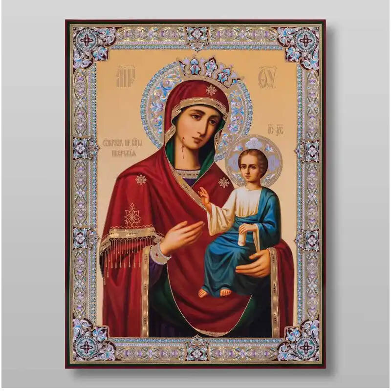 Εικόνα Ορθοδοξίας με περίγραμμα χρυσό σε ξύλο Φλαμουρίας  με  βάση Εικόνα της Θεοτόκου Ιβήρων Χειροποίητη Ελληνορθόδοξη , Κρεμαστή πλάκα βυζαντινής τέχνης, χριστιανική τέχνη Διάσταση 15x11 cm (5,9 x 4,3 ίντσες) INTRAEK-2807