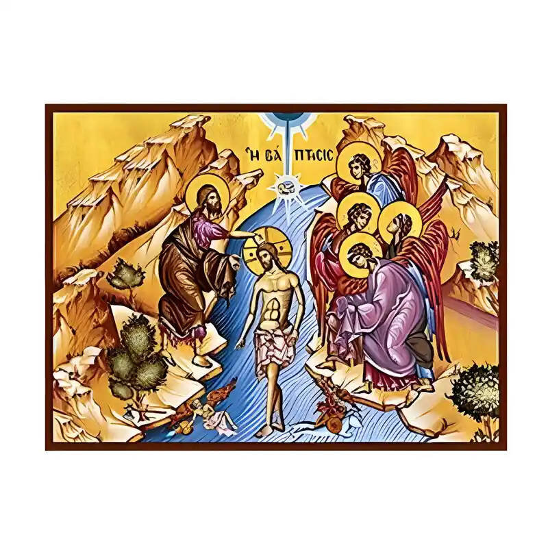 Εικόνα Ορθοδοξίας με περίγραμμα χρυσό σε ξύλο Φλαμουρίας  με  βάση Εικόνα Βάπτιση του Χριστού Χειροποίητη Ελληνορθόδοξη , Κρεμαστή πλάκα βυζαντινής τέχνης, χριστιανική τέχνη Διάσταση 10x7 cm (3,9 x 2,8 ίντσες) INTRAEK-671019