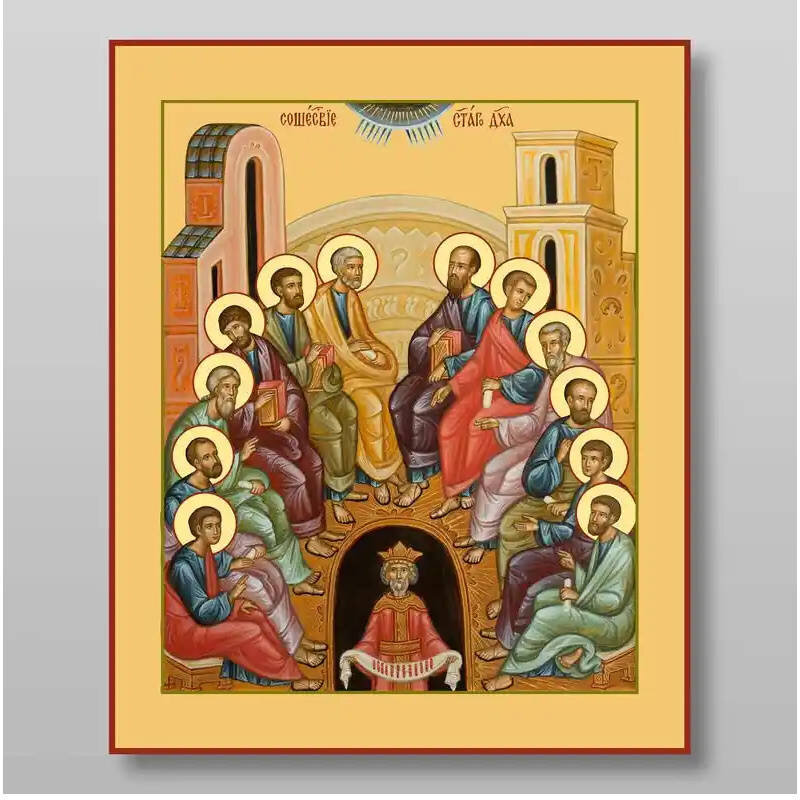 Εικόνα Ορθοδοξίας με περίγραμμα χρυσό σε ξύλο Φλαμουρίας  με  βάση Κάθοδος του Αγίου Πνεύματος της Πεντηκοστής Χειροποίητη Ελληνορθόδοξη , Κρεμαστή πλάκα βυζαντινής τέχνης, χριστιανική τέχνη Διάσταση 10x7 cm (3,9 x 2,8 ίντσες) INTRAEK-7794