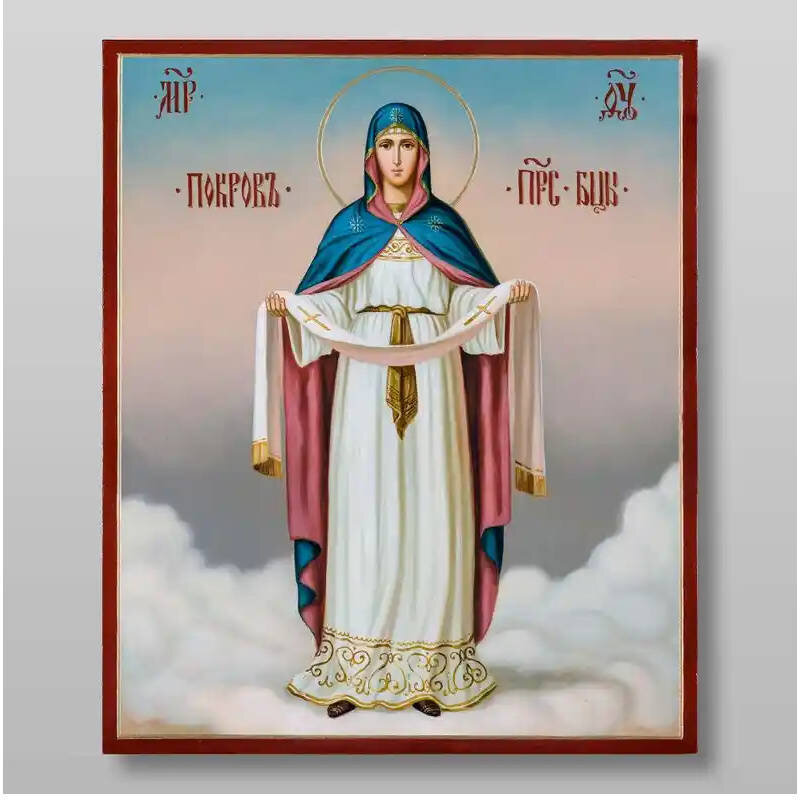 Εικόνα Ορθοδοξίας με περίγραμμα χρυσό σε ξύλο Φλαμουρίας  με  βάση Εικόνα της Μητέρας του Θεού Pokrov Χειροποίητη Ελληνορθόδοξη , Κρεμαστή πλάκα βυζαντινής τέχνης, χριστιανική τέχνη Διάσταση 15x11 cm (5,9 x 4,3 ίντσες) INTRAEK-2785