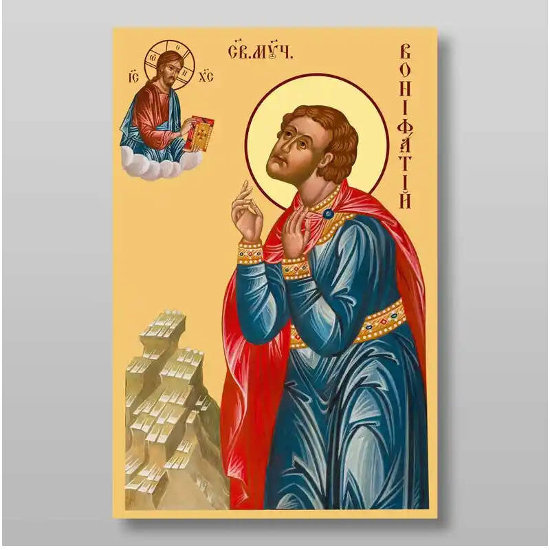 Εικόνα Ορθοδοξίας με περίγραμμα χρυσό σε ξύλο Φλαμουρίας  με  βάση Βονιφάτιος ο Μάρτυς, Χειροποίητη Ελληνορθόδοξη , Κρεμαστή πλάκα βυζαντινής τέχνης, χριστιανική τέχνη Διάσταση 10x7 cm (3,9 x 2,8 ίντσες) INTRAEK-7775