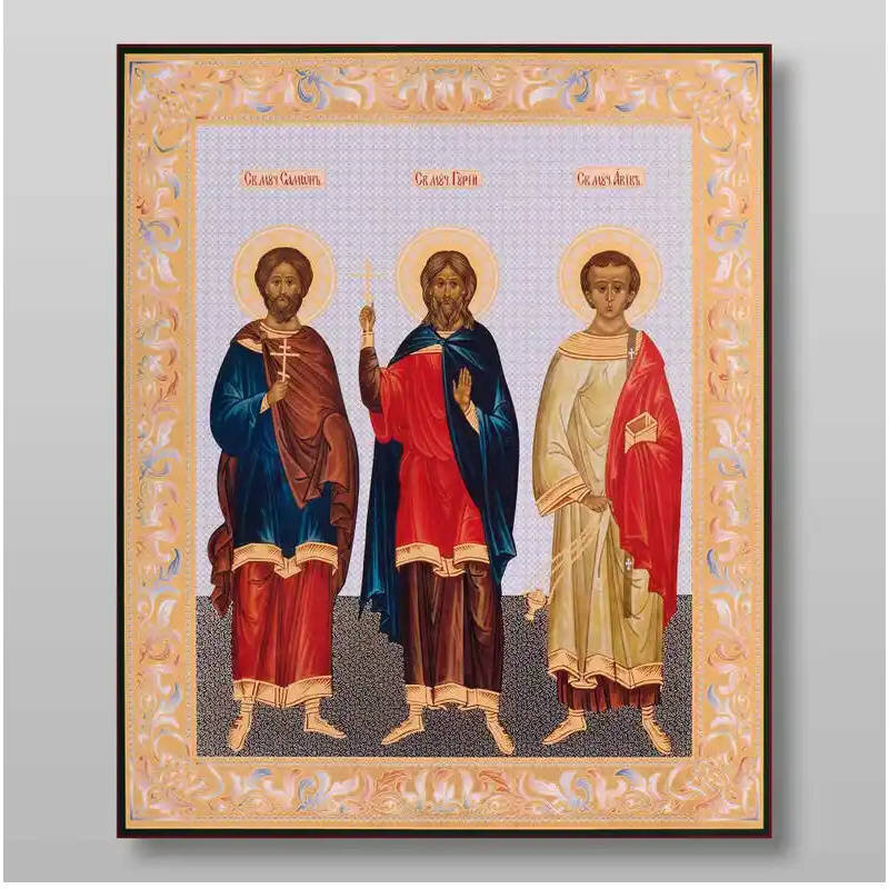 Εικόνα Ορθοδοξίας με περίγραμμα χρυσό σε ξύλο Φλαμουρίας  με  βάση Μάρτυρες Gury Samon και Aviv, Χειροποίητη Ελληνορθόδοξη , Κρεμαστή πλάκα βυζαντινής τέχνης, χριστιανική τέχνη Διάσταση 10x7 cm (3,9 x 2,8 ίντσες) INTRAEK-7762