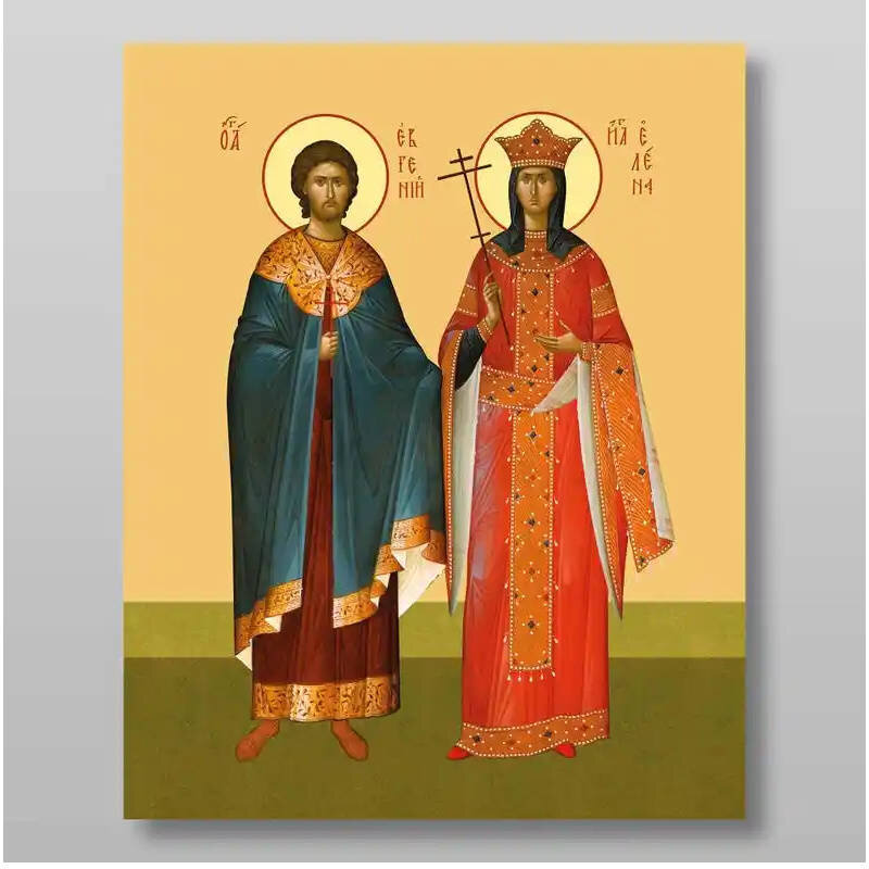 Εικόνα Ορθοδοξίας με περίγραμμα χρυσό σε ξύλο Φλαμουρίας  με  βάση Ευγένιος και Έλενα μάρτυρες, Χειροποίητη Ελληνορθόδοξη , Κρεμαστή πλάκα βυζαντινής τέχνης, χριστιανική τέχνη Διάσταση 10x7 cm (3,9 x 2,8 ίντσες) INTRAEK-7753