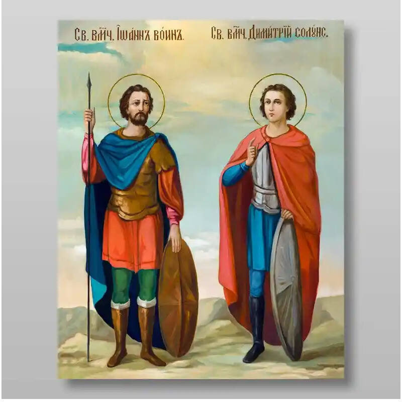 Εικόνα Ορθοδοξίας με περίγραμμα χρυσό σε ξύλο Φλαμουρίας  με  βάση Ιωάννης ο Πολεμιστής και Μάρτυρες Δημήτριος ο Θεσσαλονικιός, Χειροποίητη Ελληνορθόδοξη , Κρεμαστή πλάκα βυζαντινής τέχνης, χριστιανική τέχνη Διάσταση 10x7 cm (3,9 x 2,8 ίντσες) INTRAEK-7748