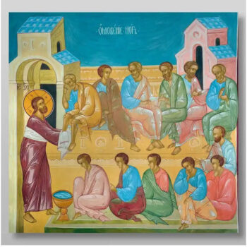 Εικόνα Ορθοδοξίας με περίγραμμα χρυσό σε ξύλο Φλαμουρίας  με  βάση Το πλύσιμο των ποδιών Χειροποίητη Ελληνορθόδοξη , Κρεμαστή πλάκα βυζαντινής τέχνης, χριστιανική τέχνη Διάσταση 10x7 cm (3,9 x 2,8 ίντσες) INTRAEK-7727 - Image 1