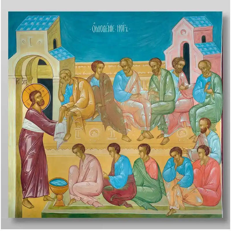 Εικόνα Ορθοδοξίας με περίγραμμα χρυσό σε ξύλο Φλαμουρίας  με  βάση Το πλύσιμο των ποδιών Χειροποίητη Ελληνορθόδοξη , Κρεμαστή πλάκα βυζαντινής τέχνης, χριστιανική τέχνη Διάσταση 15x11 cm (5,9 x 4,3 ίντσες) INTRAEK-2727